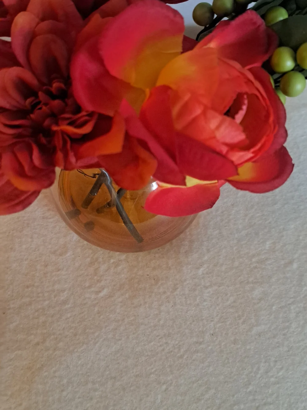 Lillian Vernon- Red Faux Floral Bouquet with Green Berry Accents